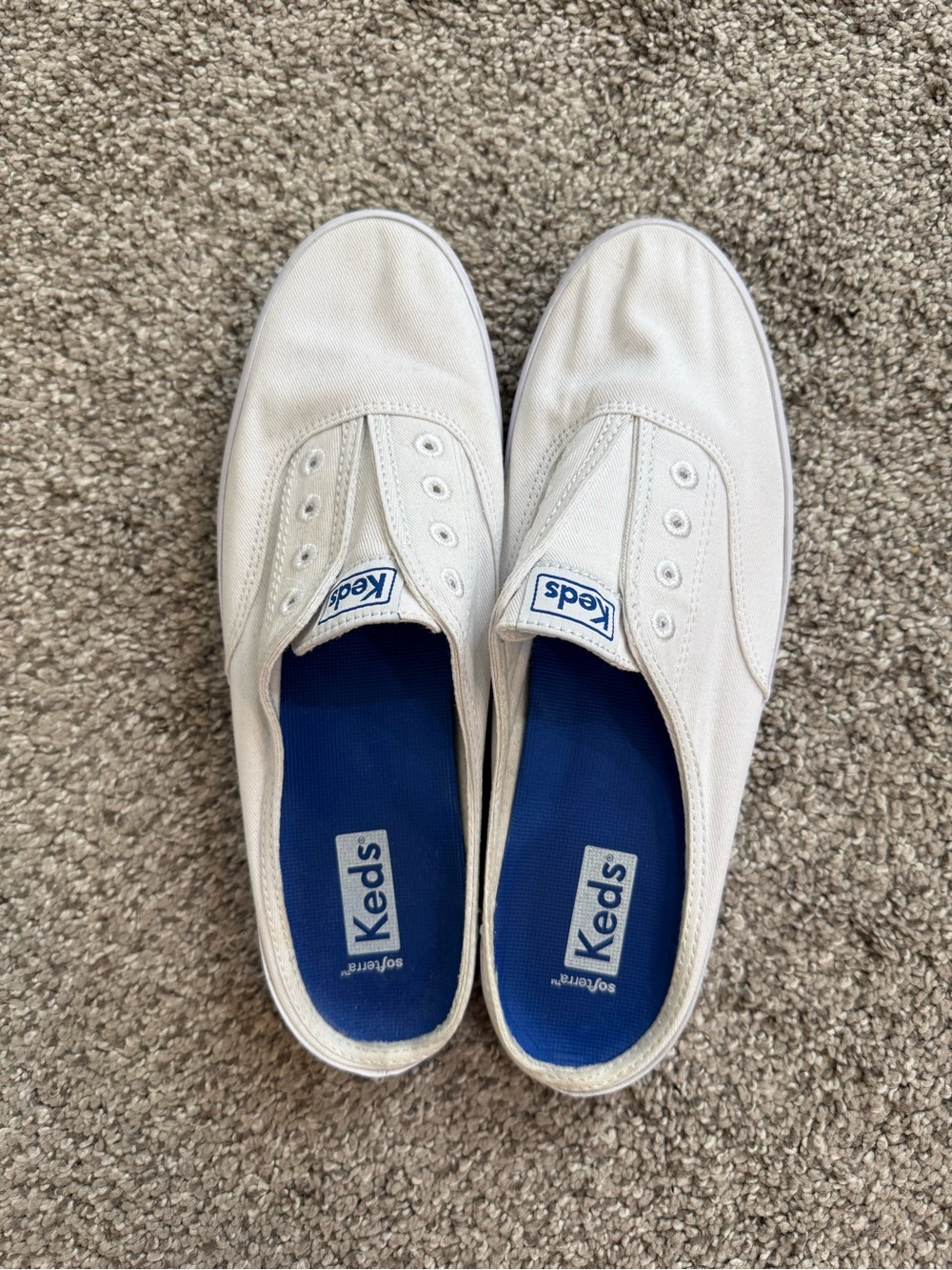Keds White Canvas Slip-On Sneakers with Blue Insole